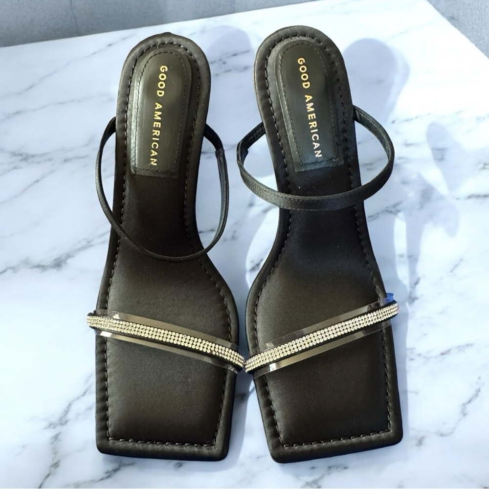 Good American Heels Black Satin Square Toe Slide Embellished Size 9.5 GA115K-X